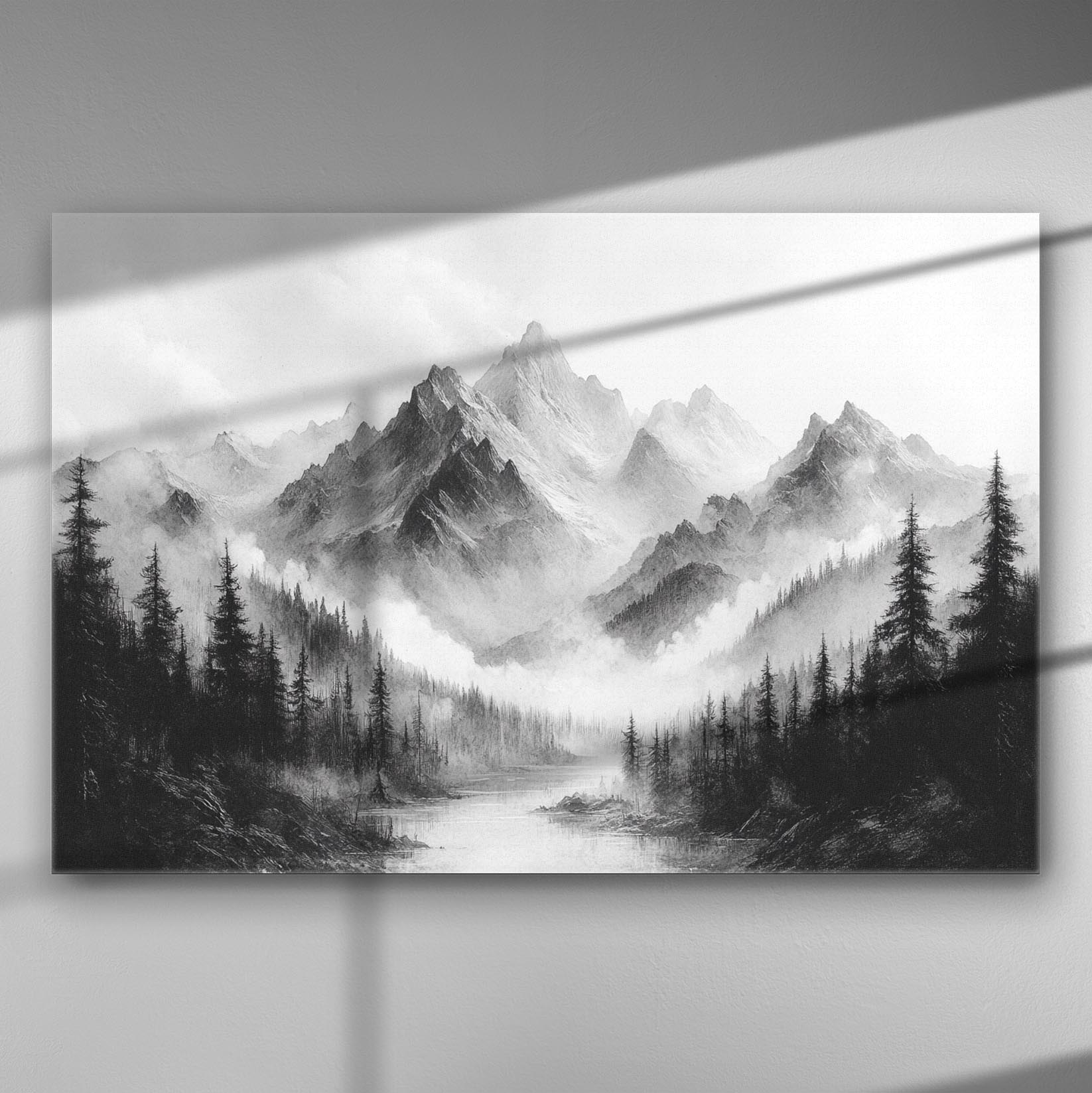 Black and white canvas print featuring misty mountain peaks and a forest, perfect for home or office decor.