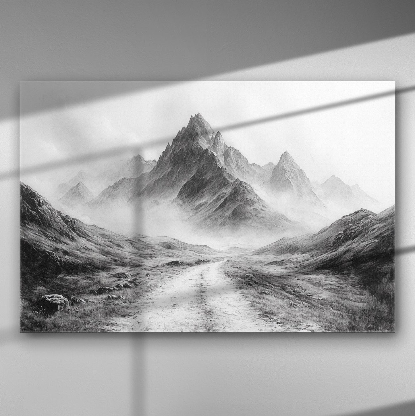 Black and white mountain landscape with a winding path and misty atmosphere.