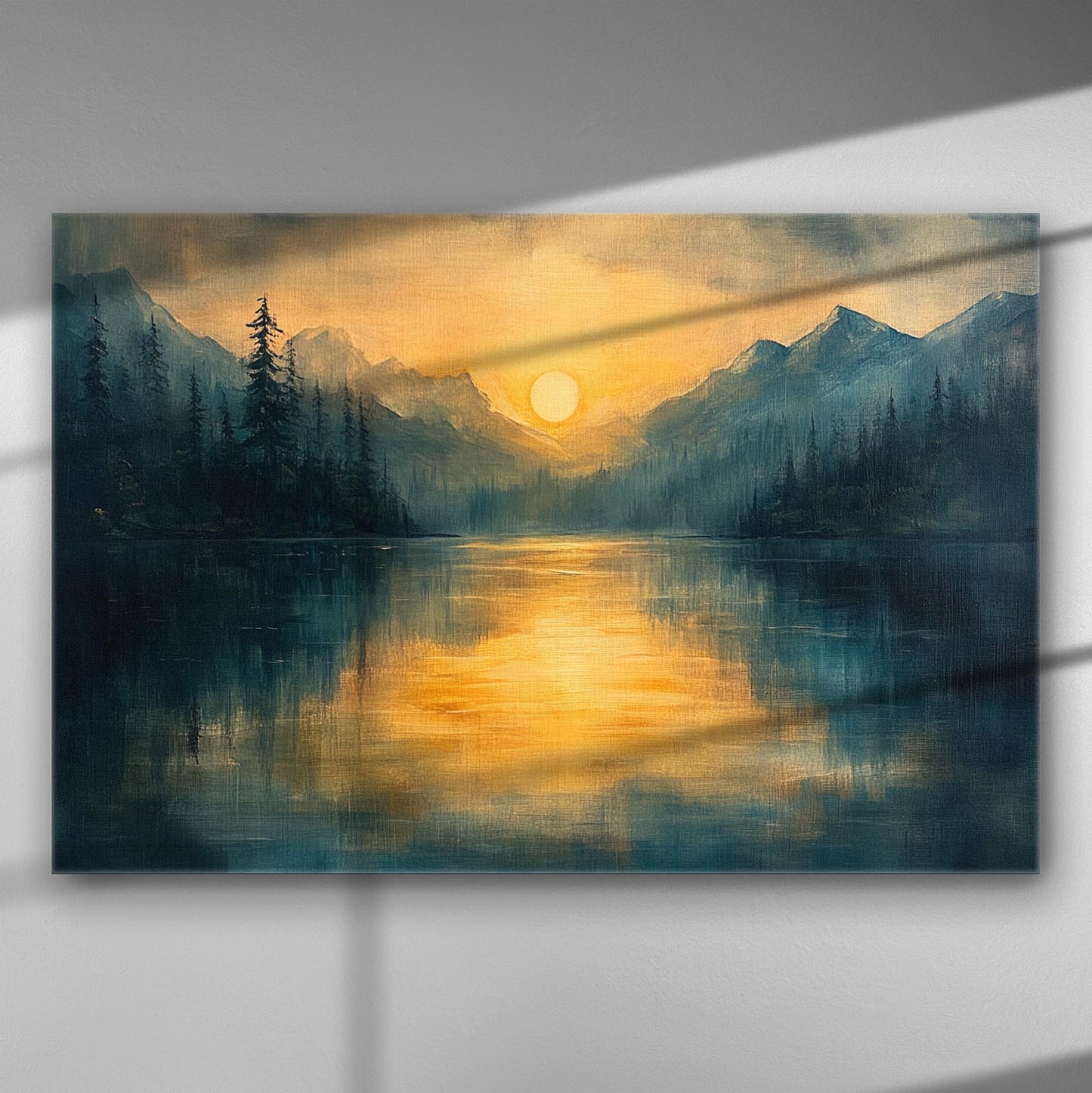 Canvas print of a serene lake at sunset with mountains and trees reflecting in the water.