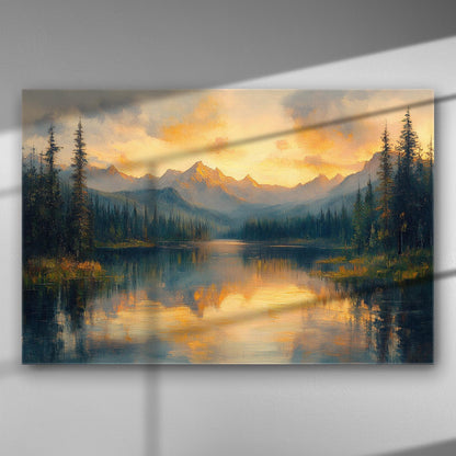 A serene sunset landscape with reflections on a lake and mountains in the background.