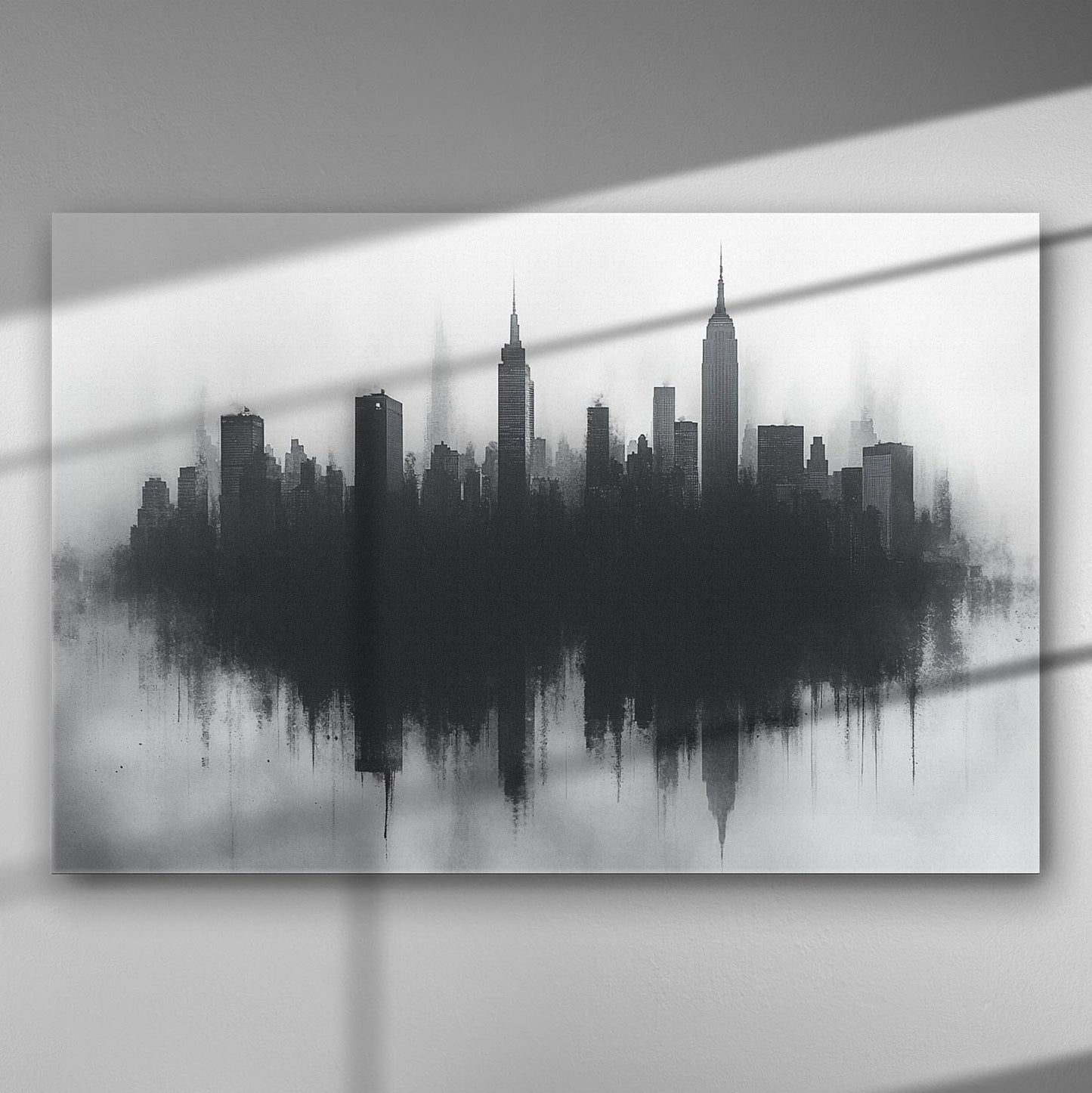 Black and white city skyline reflected on water with skyscrapers.