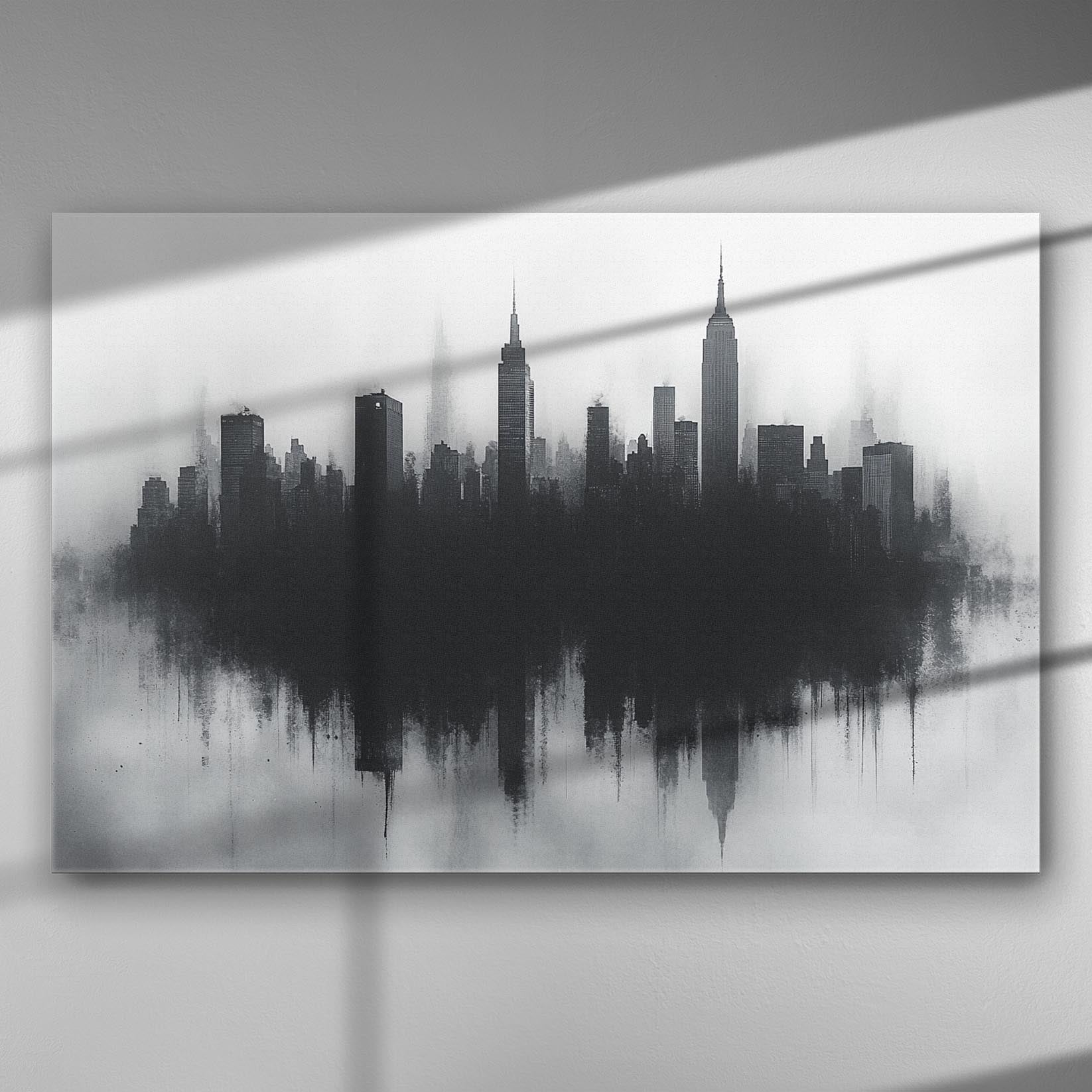 Black and white city skyline reflected on water with skyscrapers.