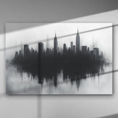 Black and white city skyline reflected on water with skyscrapers.