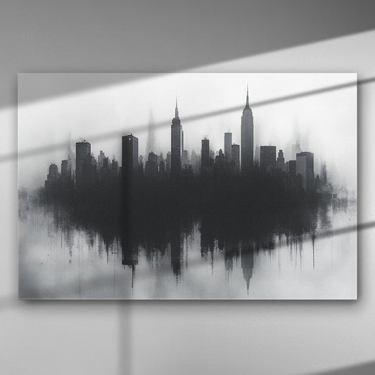 Black and white city skyline reflected on water with skyscrapers.