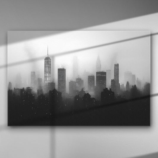 Black and white city skyline shrouded in mist on canvas print