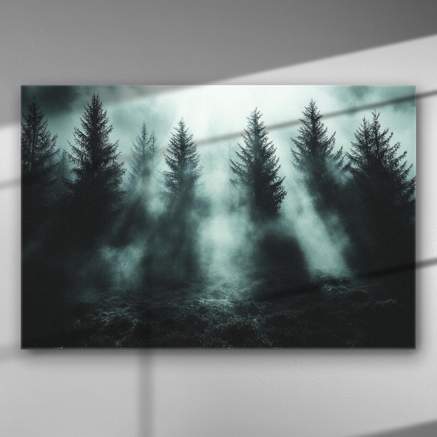 Canvas print of a misty forest with tall pine trees enveloped in fog.
