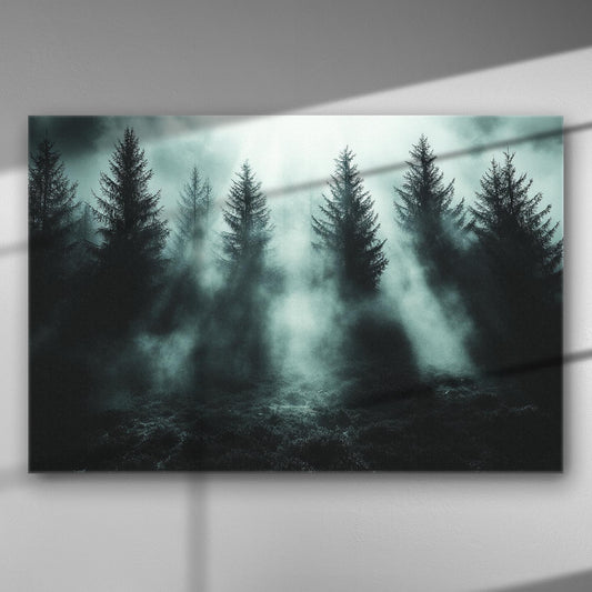 Canvas print of a misty forest with tall pine trees enveloped in fog.