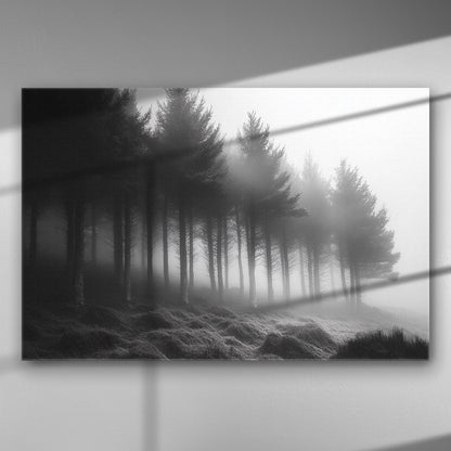 Black and white image of a misty forest with trees shrouded in fog.