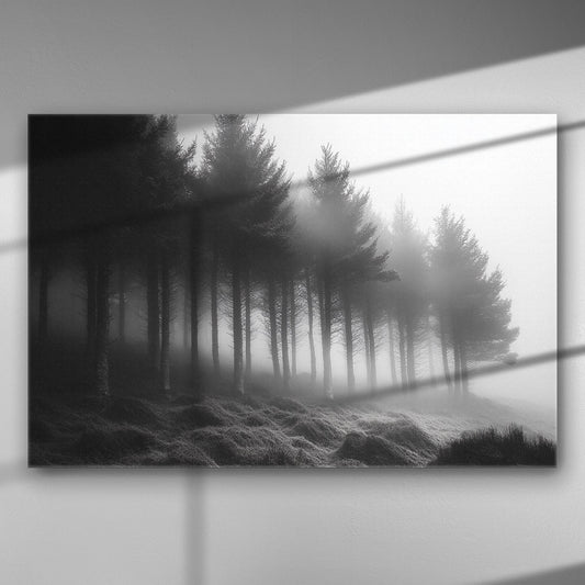 Black and white image of a misty forest with trees shrouded in fog.
