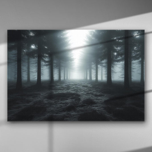 Misty forest with soft light filtering through the trees, evoking a serene and mysterious atmosphere.