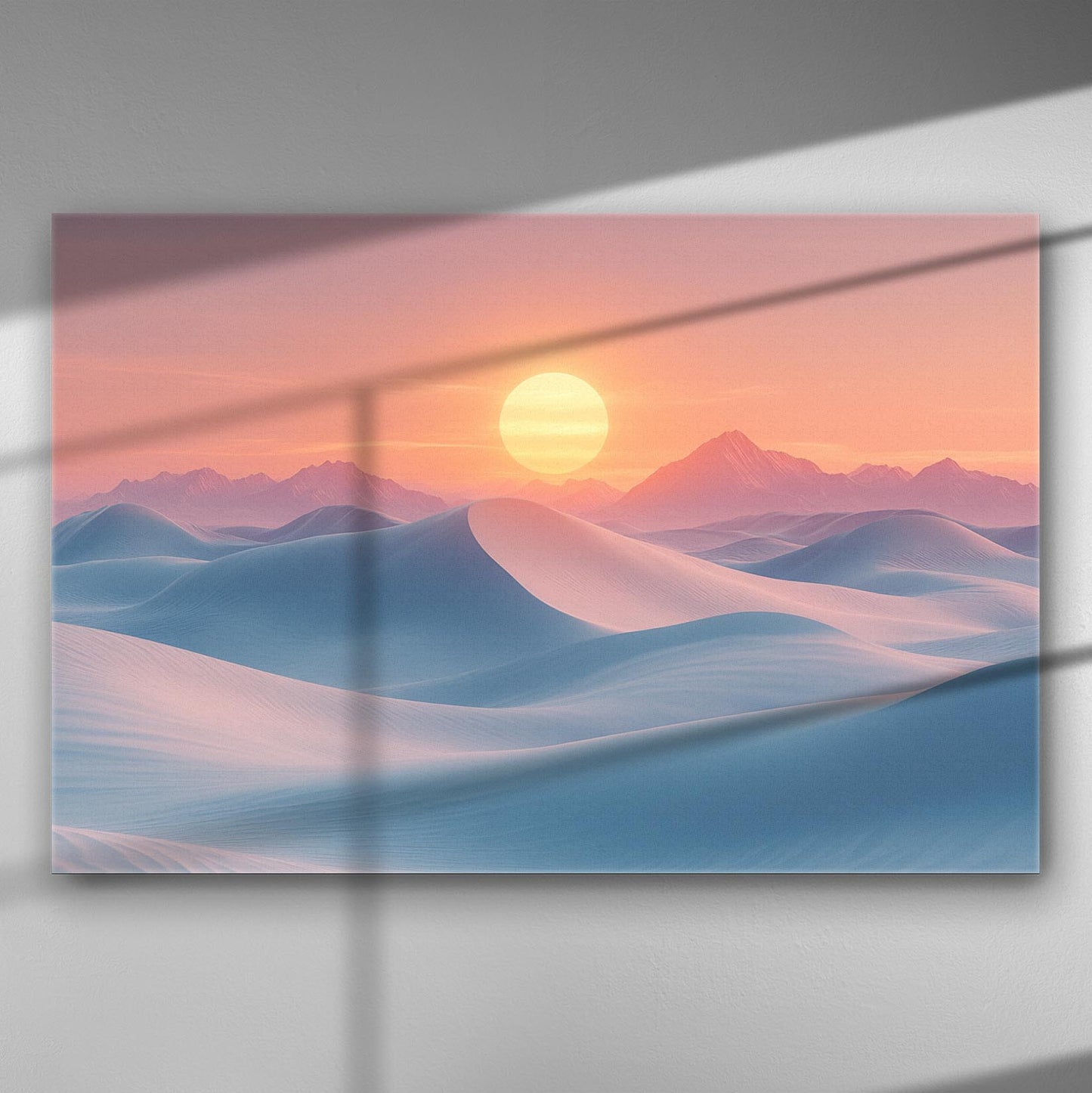 Canvas print of a serene desert landscape with a sun setting over sand dunes.