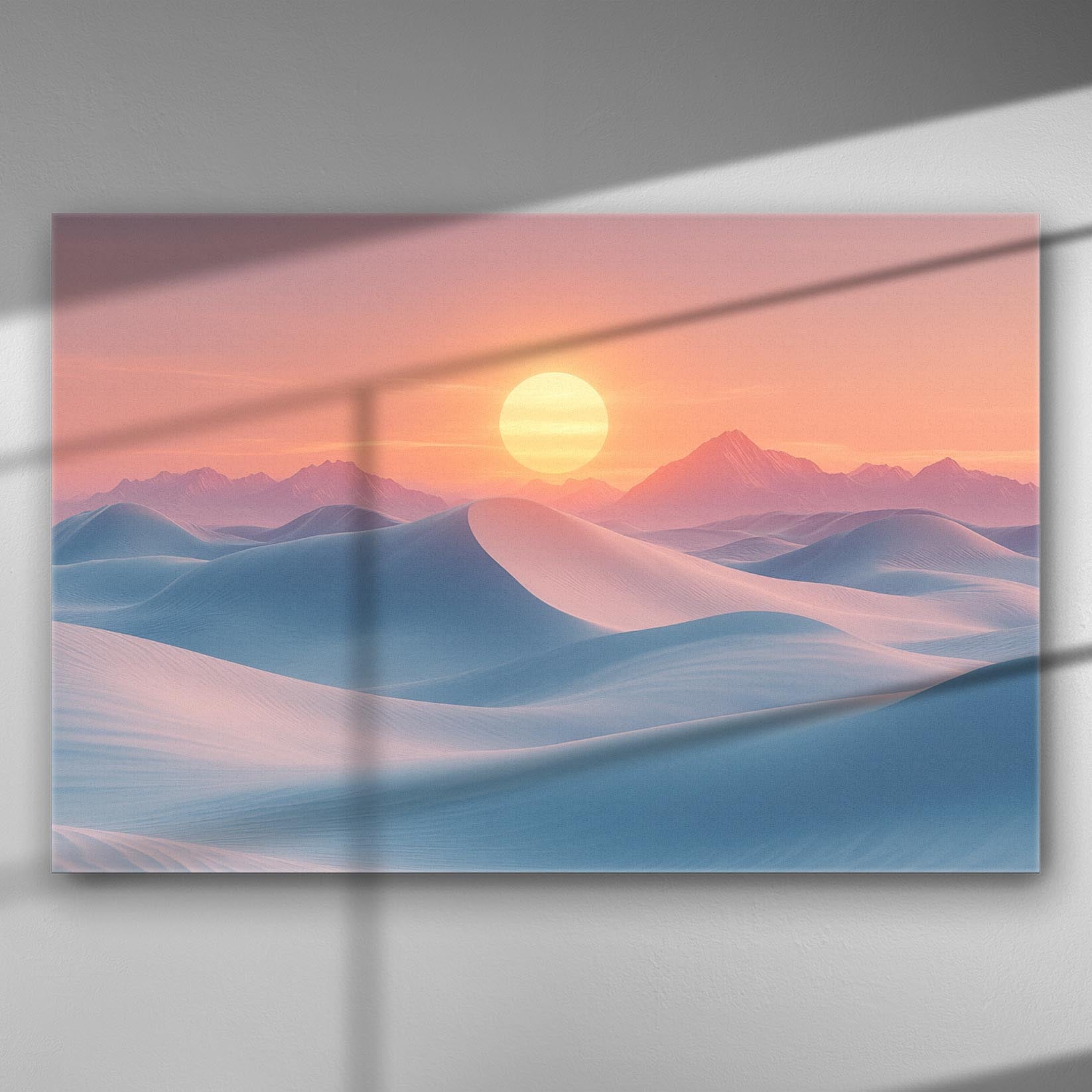 Canvas print of a serene desert landscape with a sun setting over sand dunes.