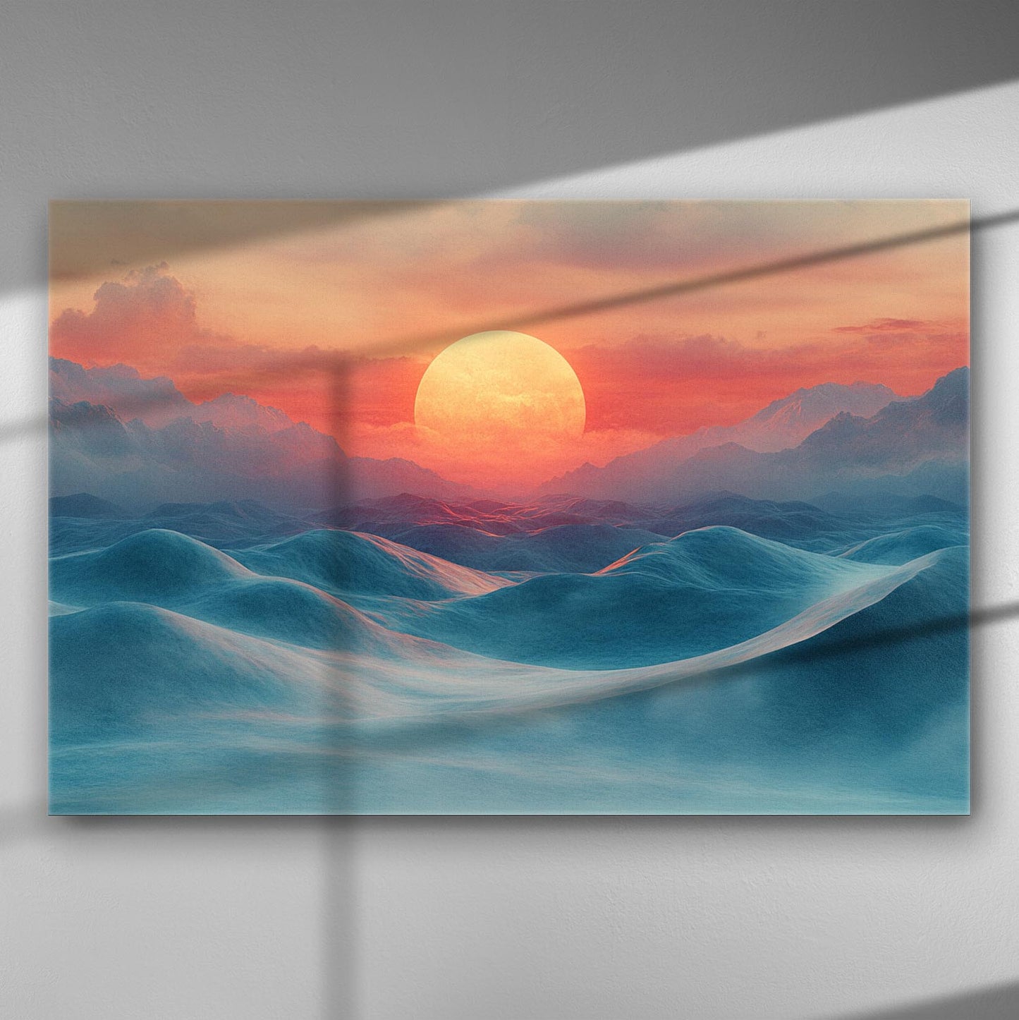 Canvas print of a serene sunset over mountainous landscape with shades of orange and blue.