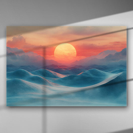 Canvas print of a serene sunset over mountainous landscape with shades of orange and blue.