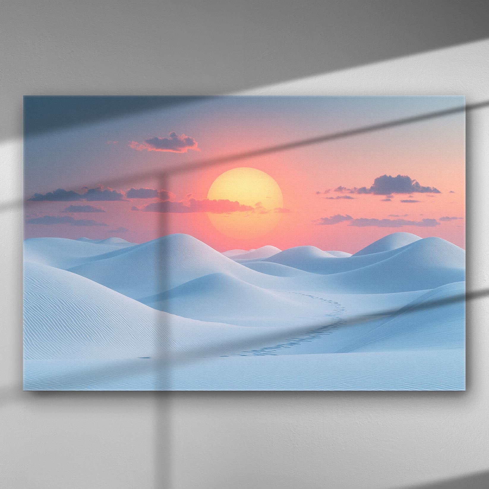 Canvas print of dunes under a vibrant pink and orange sunset.