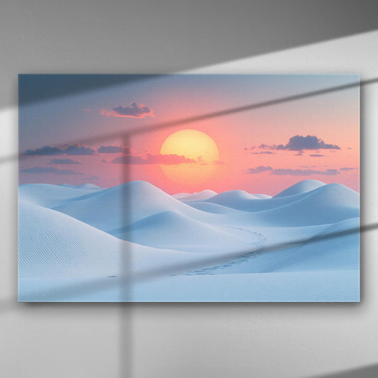 Canvas print of dunes under a vibrant pink and orange sunset.
