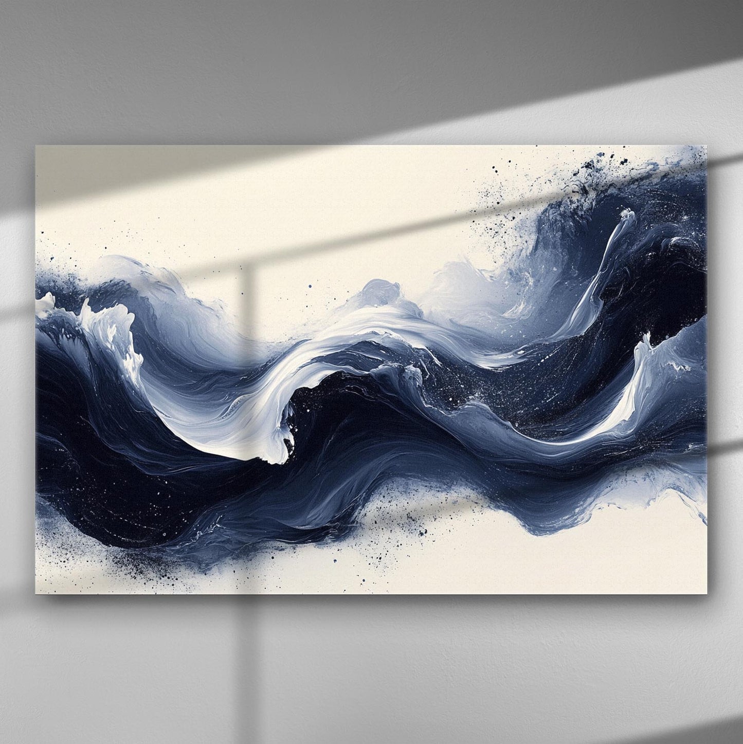 Abstract canvas print featuring waves in white and deep blue with dynamic motion.