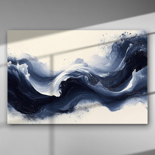 Abstract canvas print featuring waves in white and deep blue with dynamic motion.