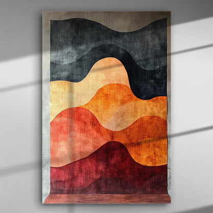 Abstract canvas with warm red, orange, and dark colors forming wave-like patterns.