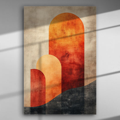 Abstract sunset canvas with warm tones and geometric shapes