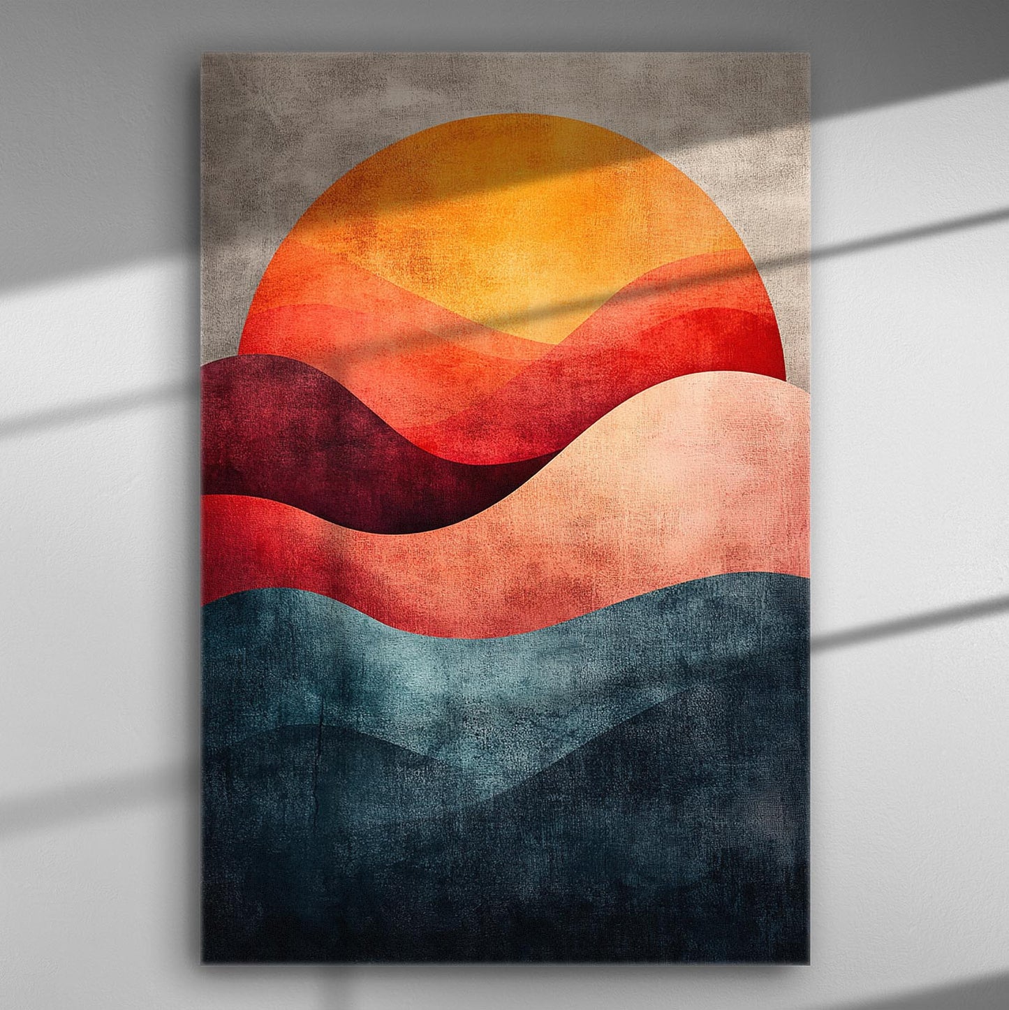 Abstract sunset with waves in warm colors on canvas.