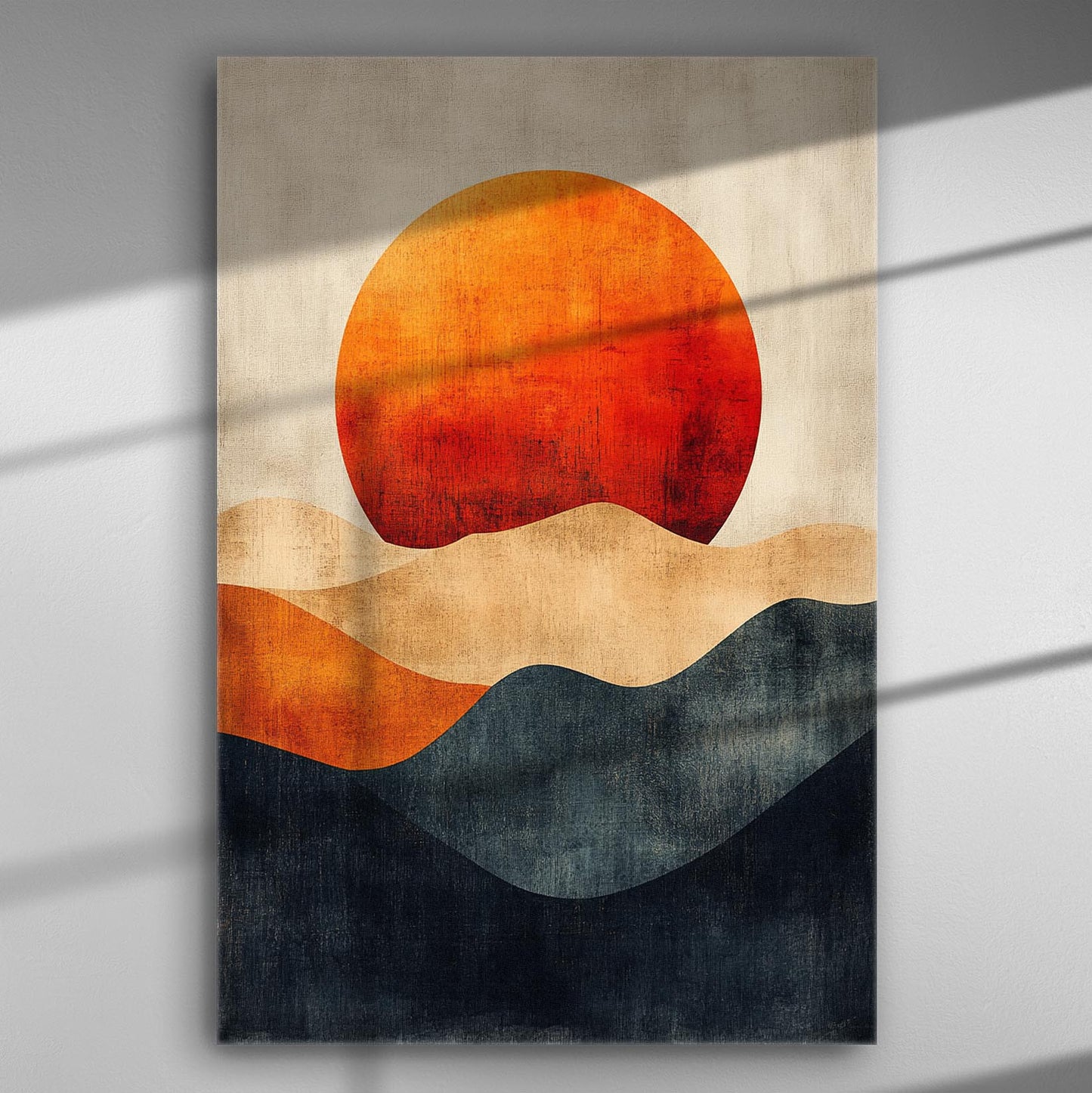 Abstract canvas print depicting a sunset over waves with warm red and orange hues.
