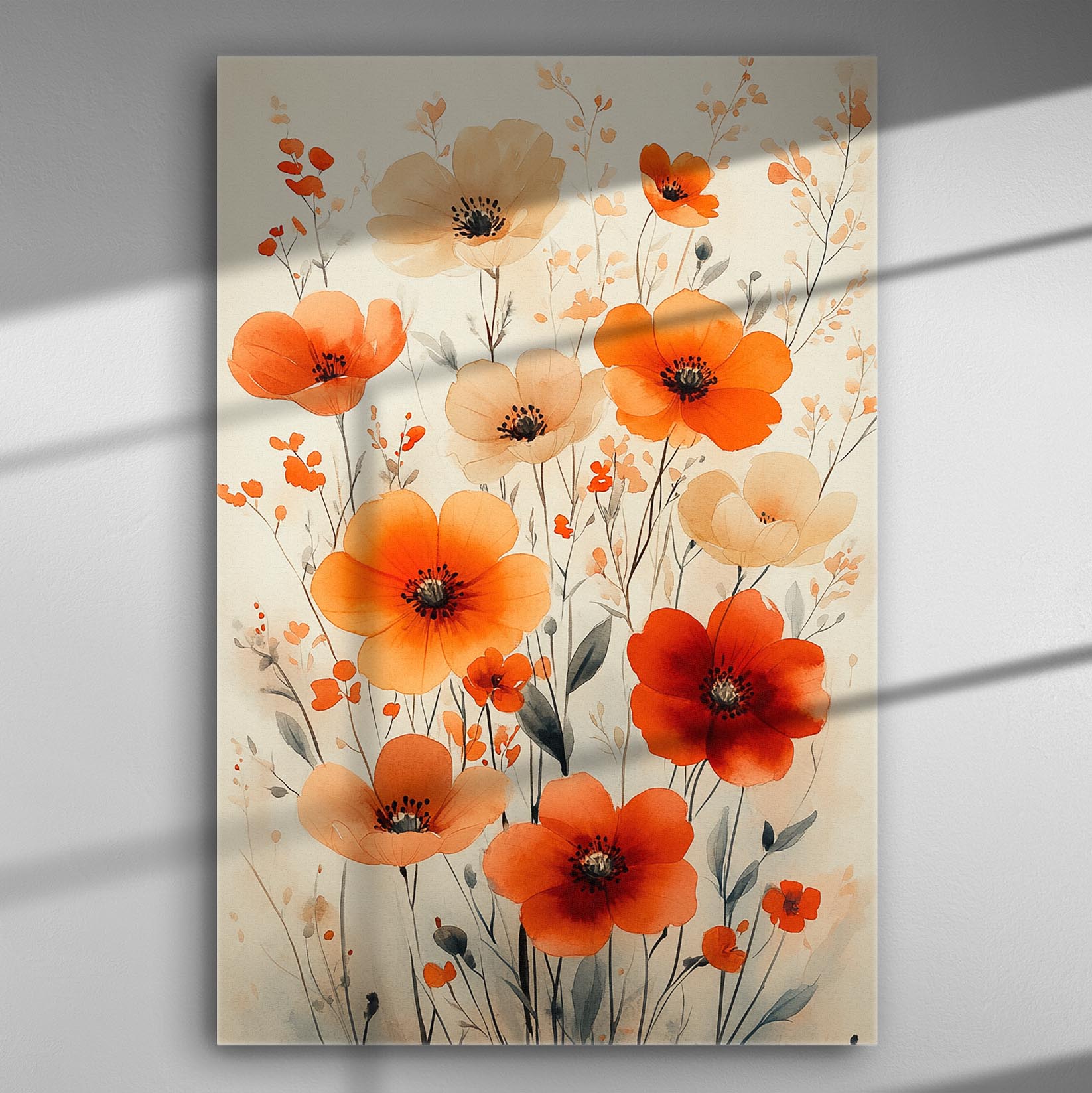 Canvas print of blooming poppies in shades of orange and cream.