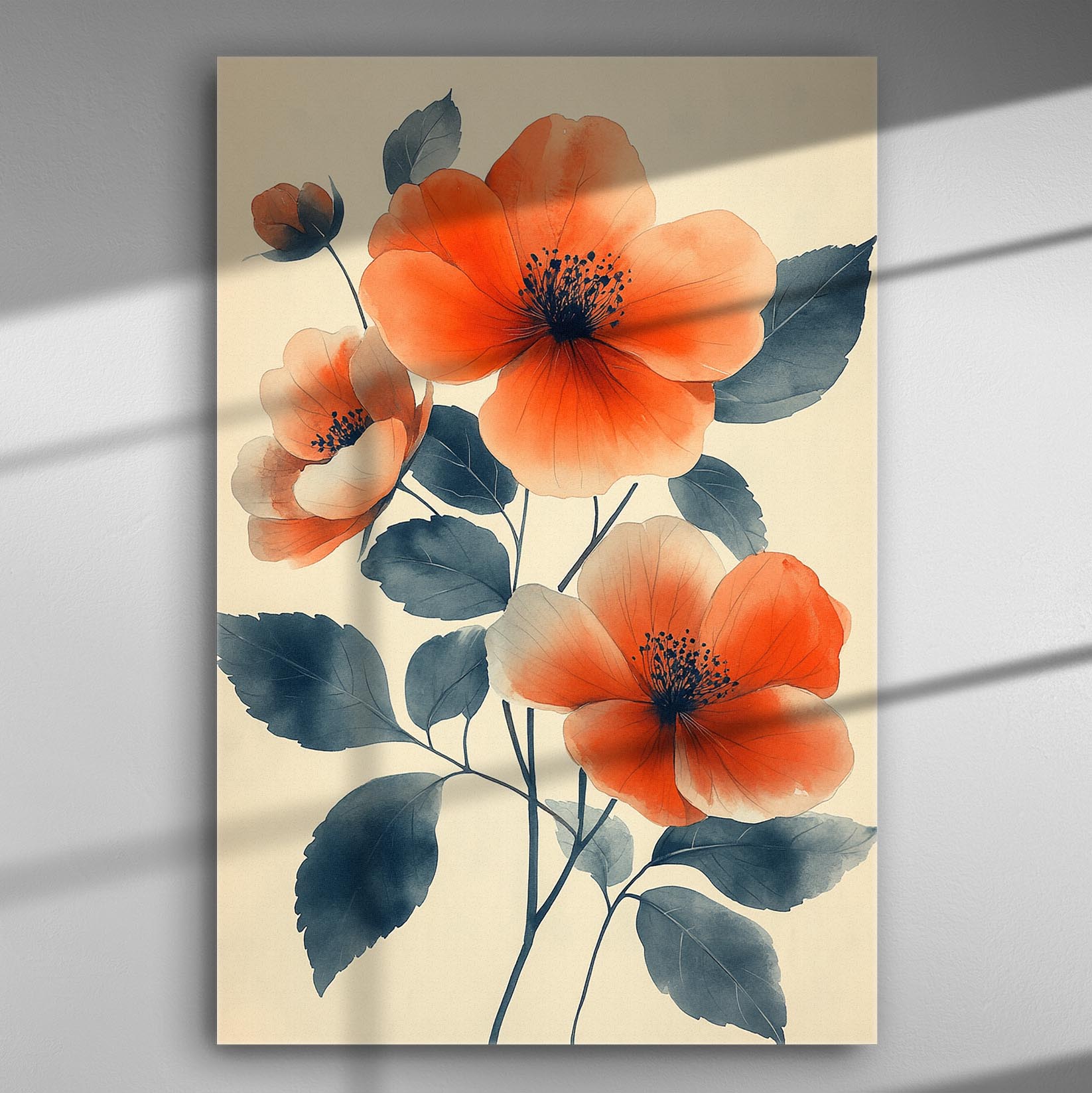 Canvas print with orange and grey floral design, featuring three blossoms in harmony.