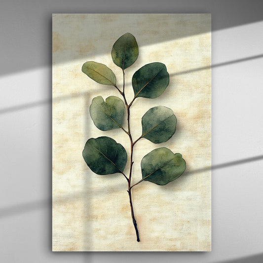 Canvas print featuring a eucalyptus leaf against a soft cream background.