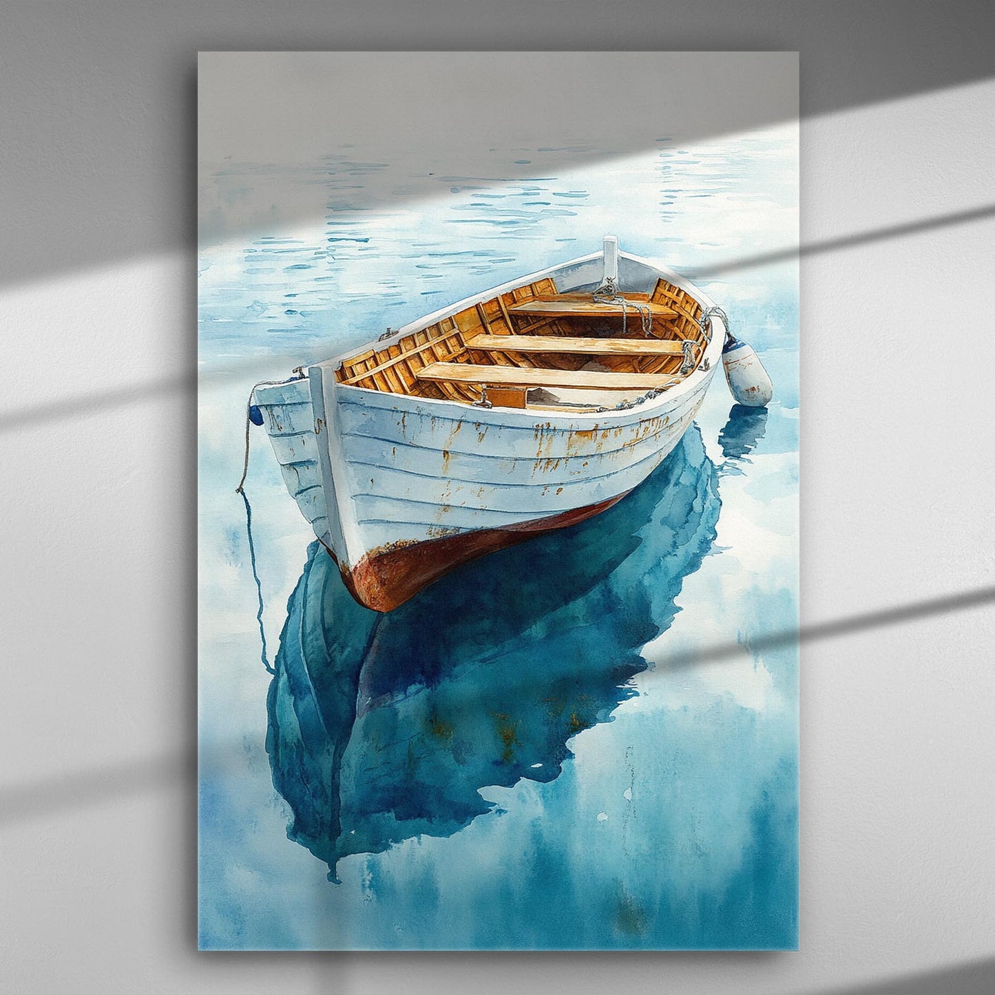 A serene boat floating on calm blue water canvas print.