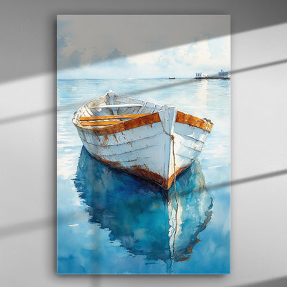 A canvas print featuring a serene wooden boat floating on calm blue waters with a soft sky in the background.