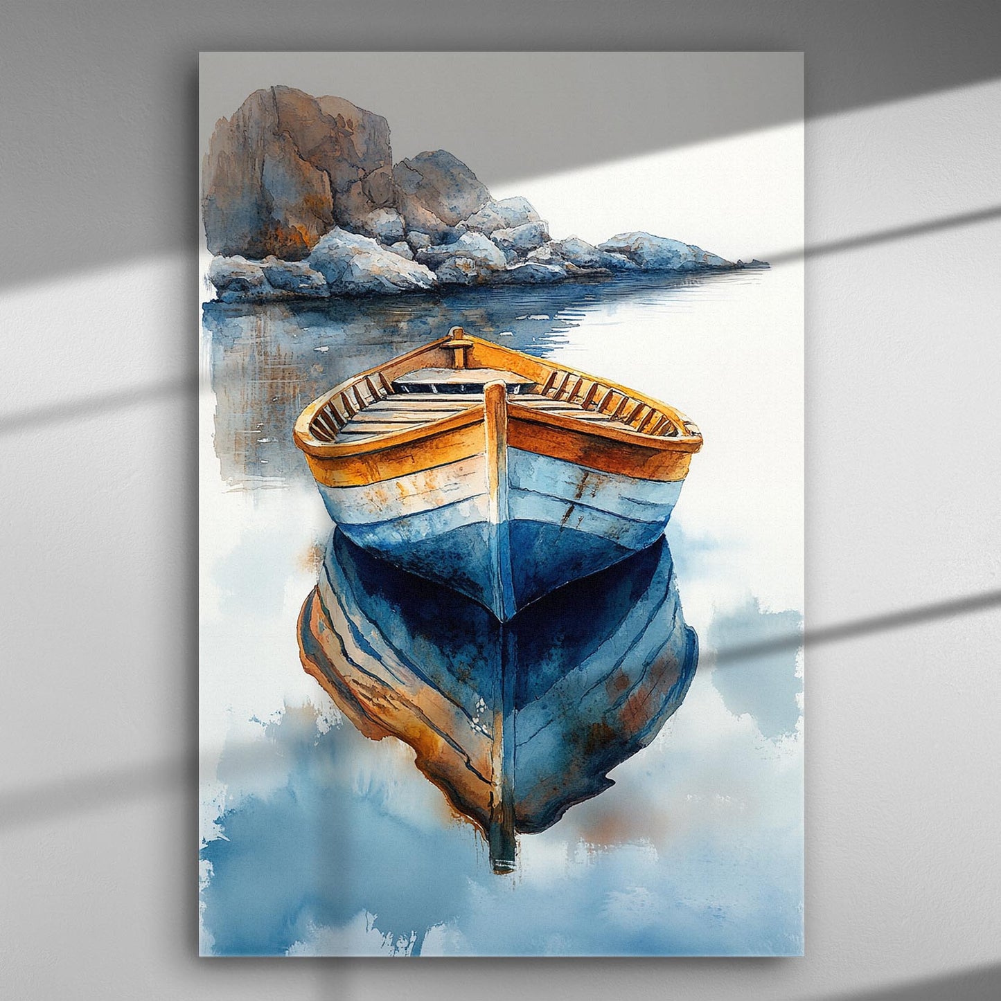 A watercolor painting of an old wooden boat reflected in calm waters.