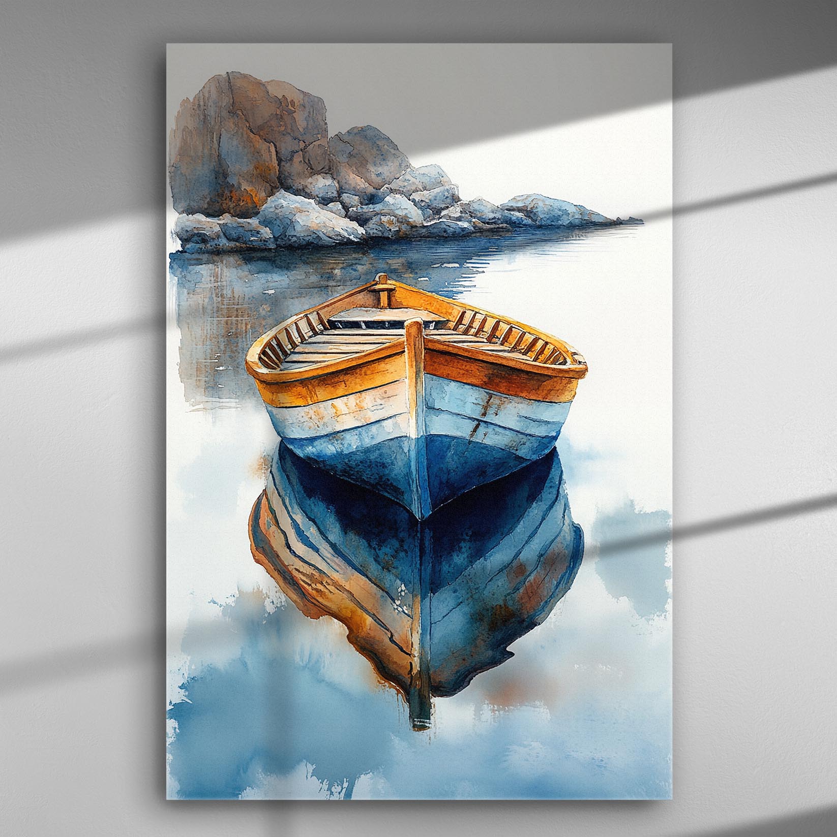 A watercolor painting of an old wooden boat reflected in calm waters.