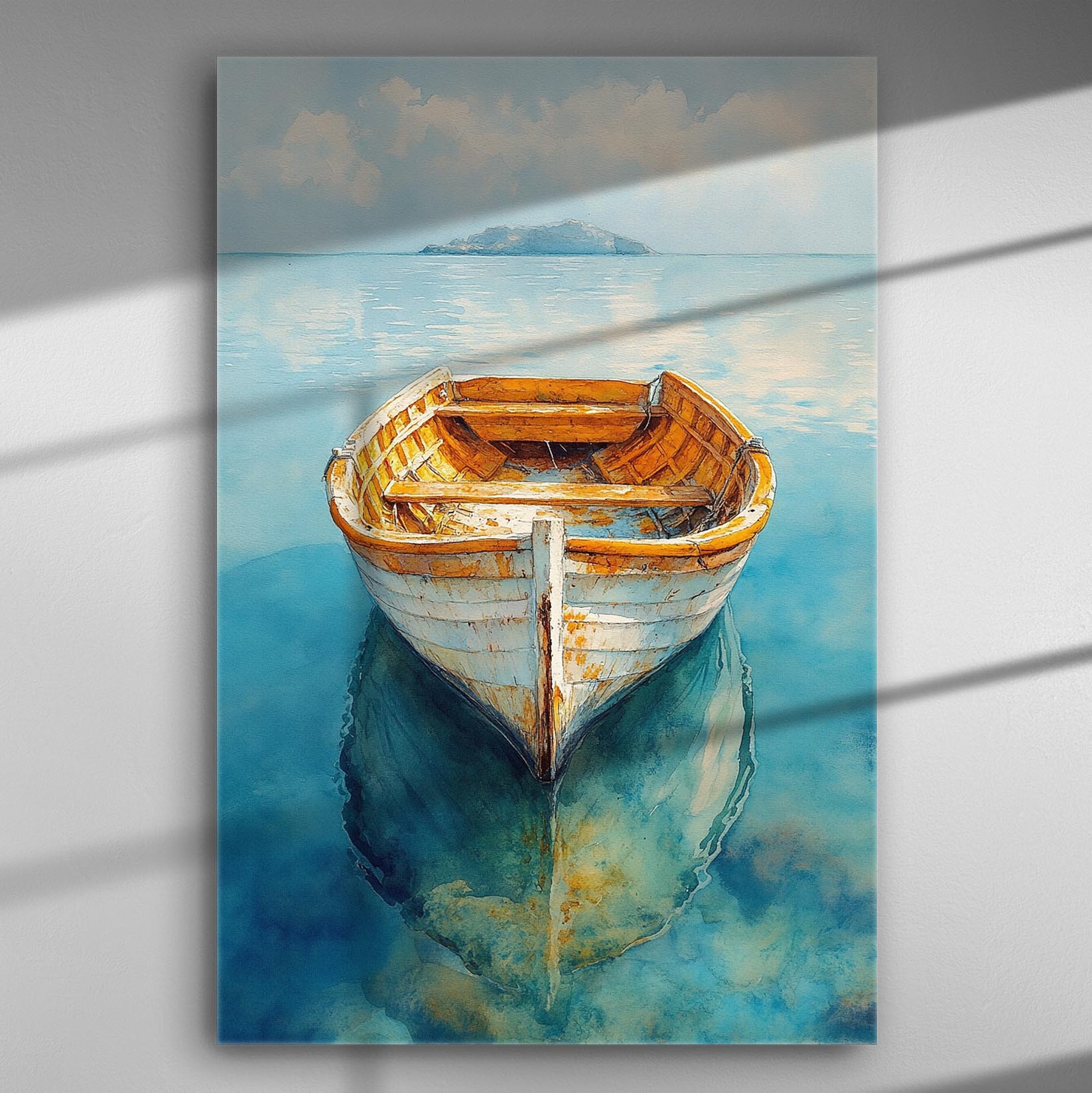 Canvas print of a lone boat on calm blue water with an island in the background.