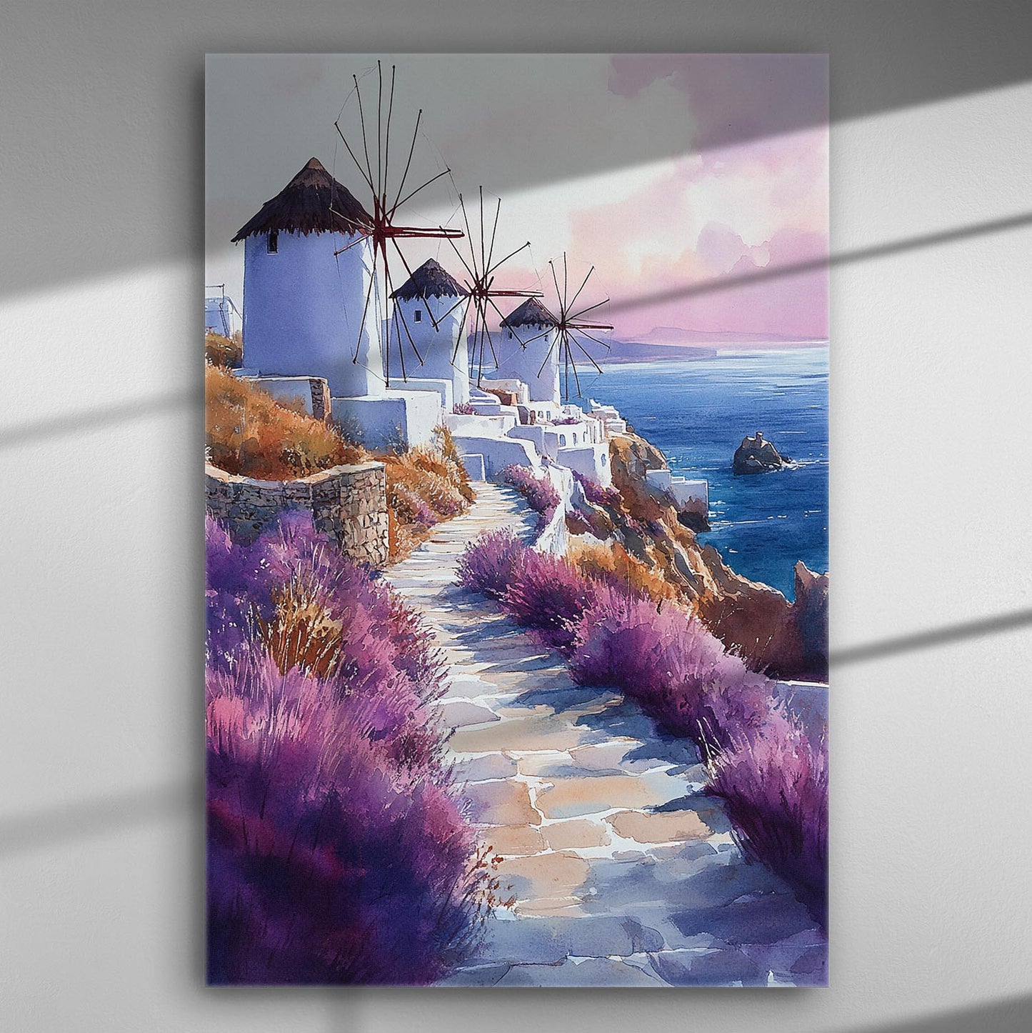 Aegean landscape with windmills and sea view on canvas