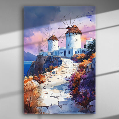 Canvas print of Greek windmills at sunset with a scenic island landscape, warm sky tones, and sea view.