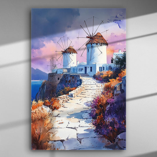 Canvas print of Greek windmills at sunset with a scenic island landscape, warm sky tones, and sea view.
