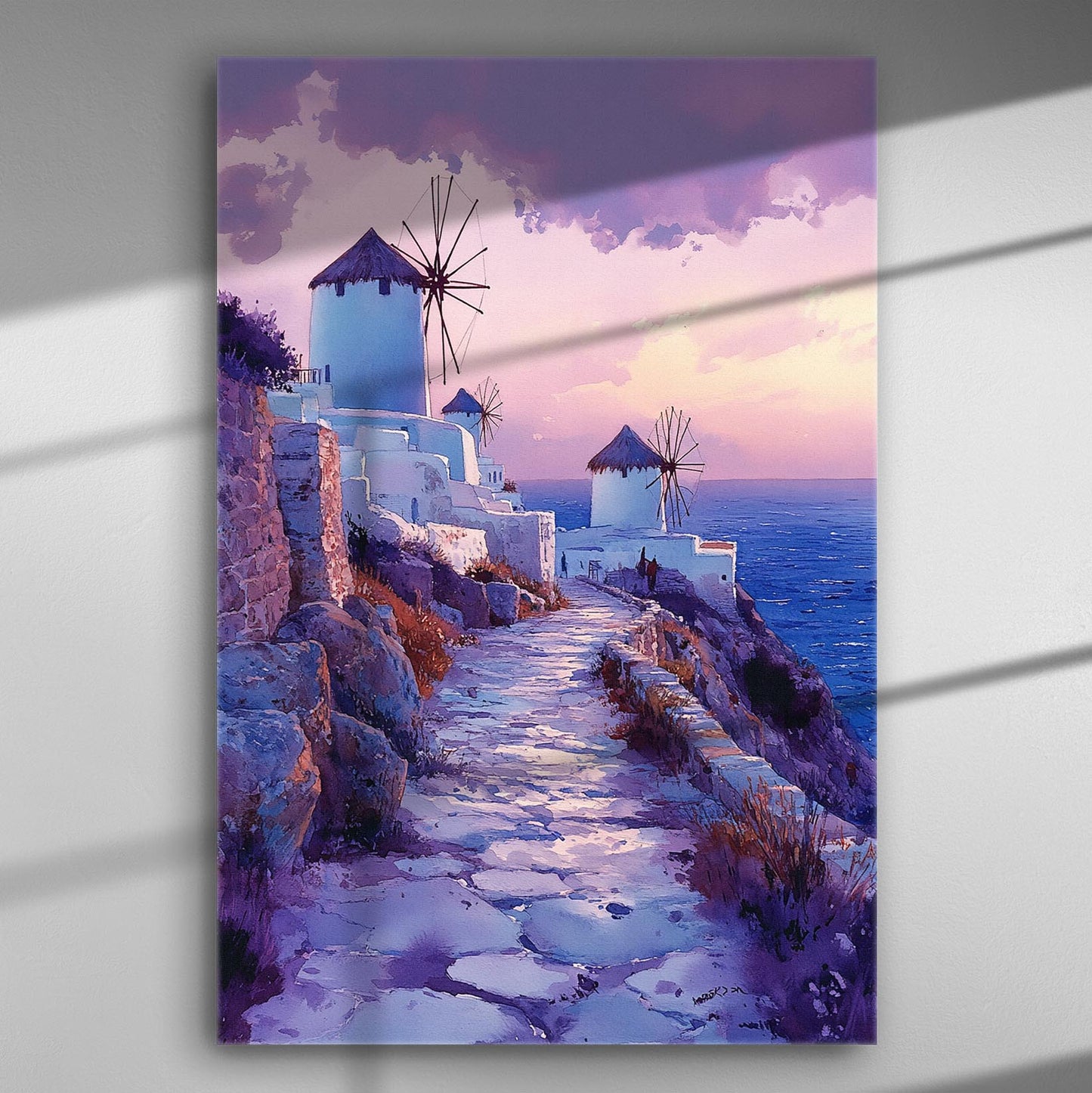 Canvas print of Santorini windmills at sunset with pink and purple sky.