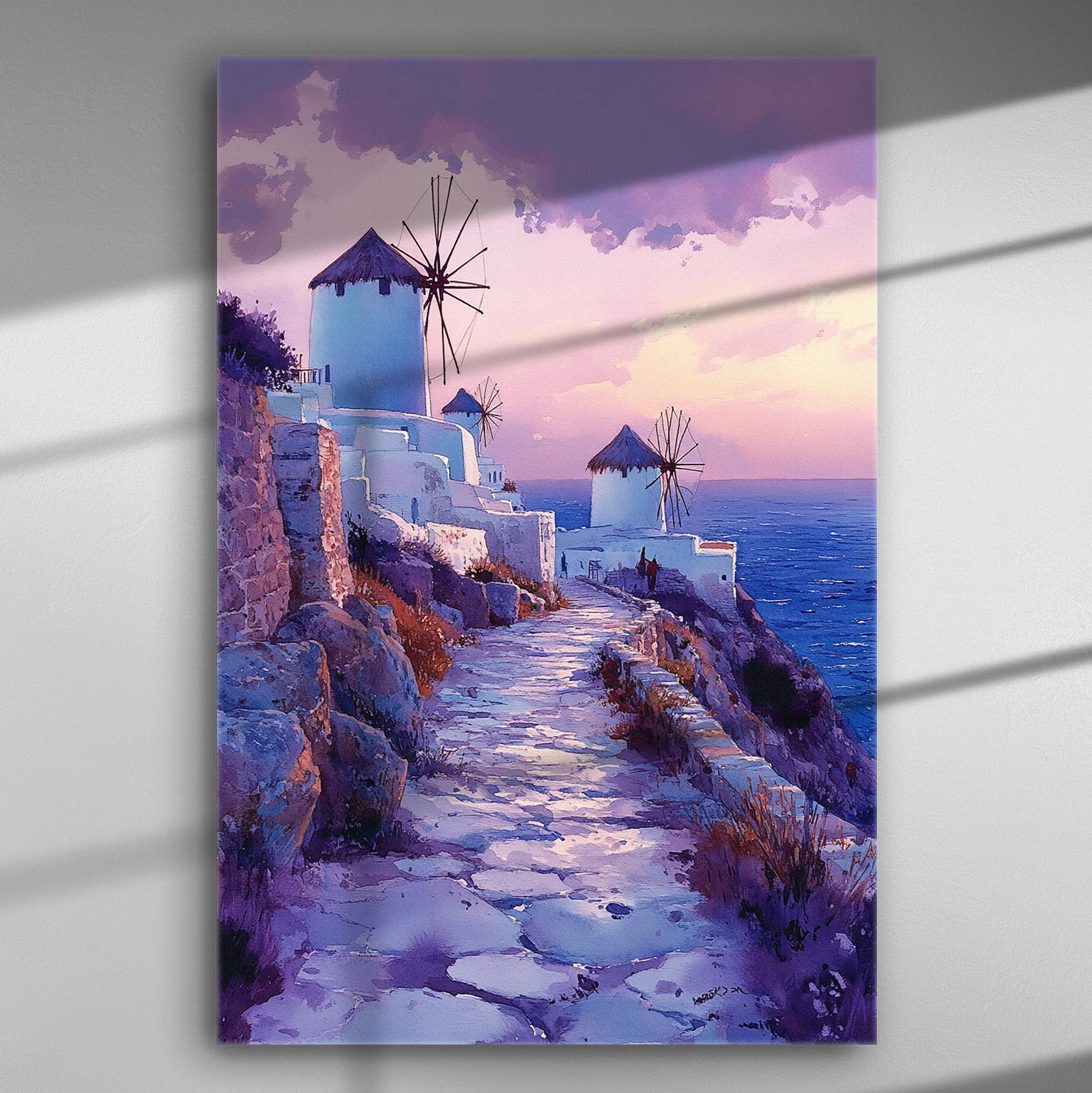 Canvas print of Santorini windmills at sunset with pink and purple sky.