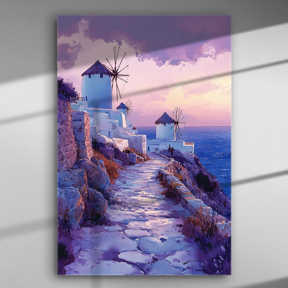 Canvas print of Santorini windmills at sunset with pink and purple sky.