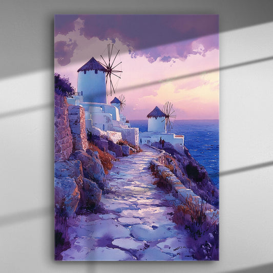 Canvas print of Santorini windmills at sunset with pink and purple sky.