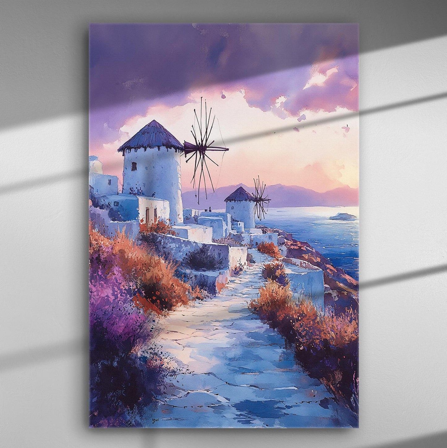 Canvas painting of Greek island windmills at sunset with purple, pink, and blue hues.
