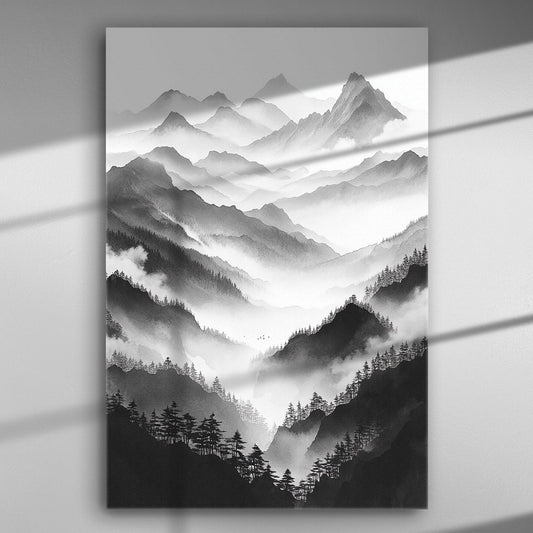 Black and white landscape of fog-covered mountains.