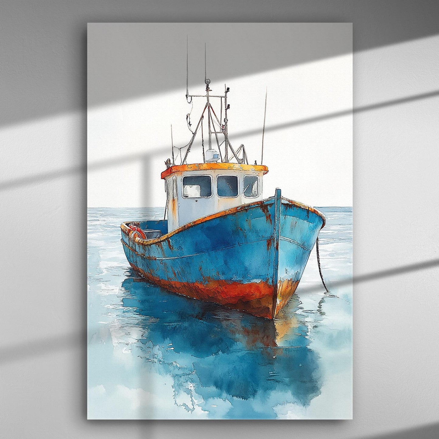 A serene boat floating on calm waters with reflections, canvas art.