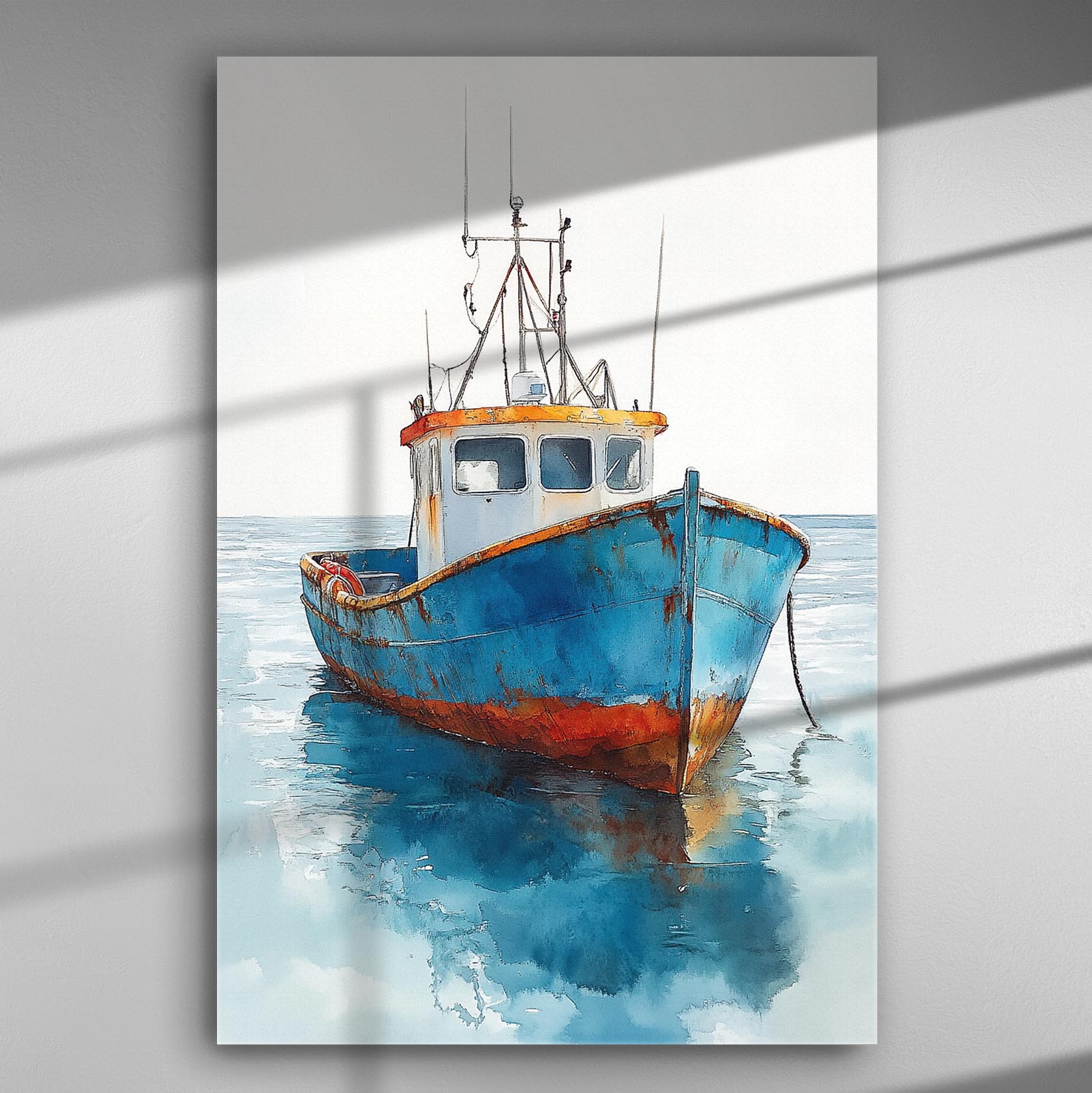 A serene boat floating on calm waters with reflections, canvas art.