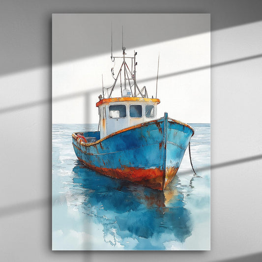A serene boat floating on calm waters with reflections, canvas art.