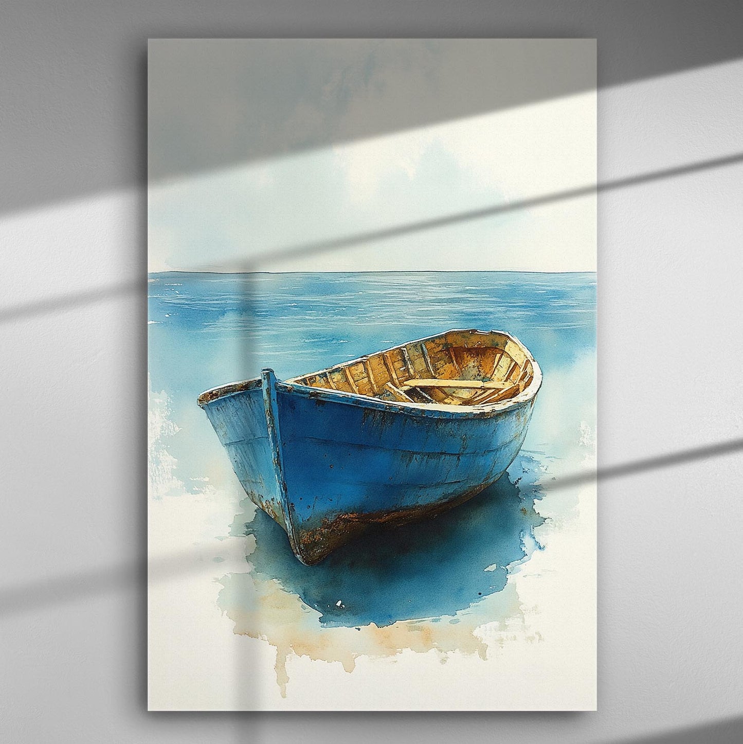 Blue boat on calm sea with serene sky, canvas art print.