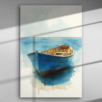 Blue boat on calm sea with serene sky, canvas art print.