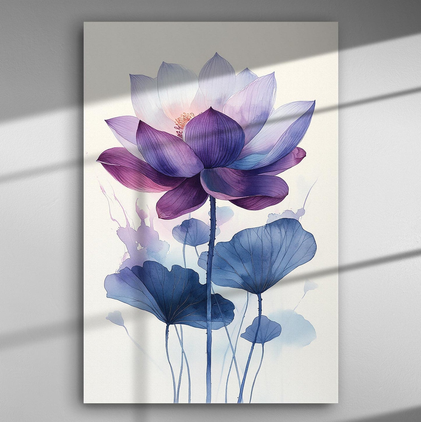 Purple and blue lotus flower on canvas with delicate leaves and watercolor style.