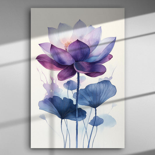 Purple and blue lotus flower on canvas with delicate leaves and watercolor style.